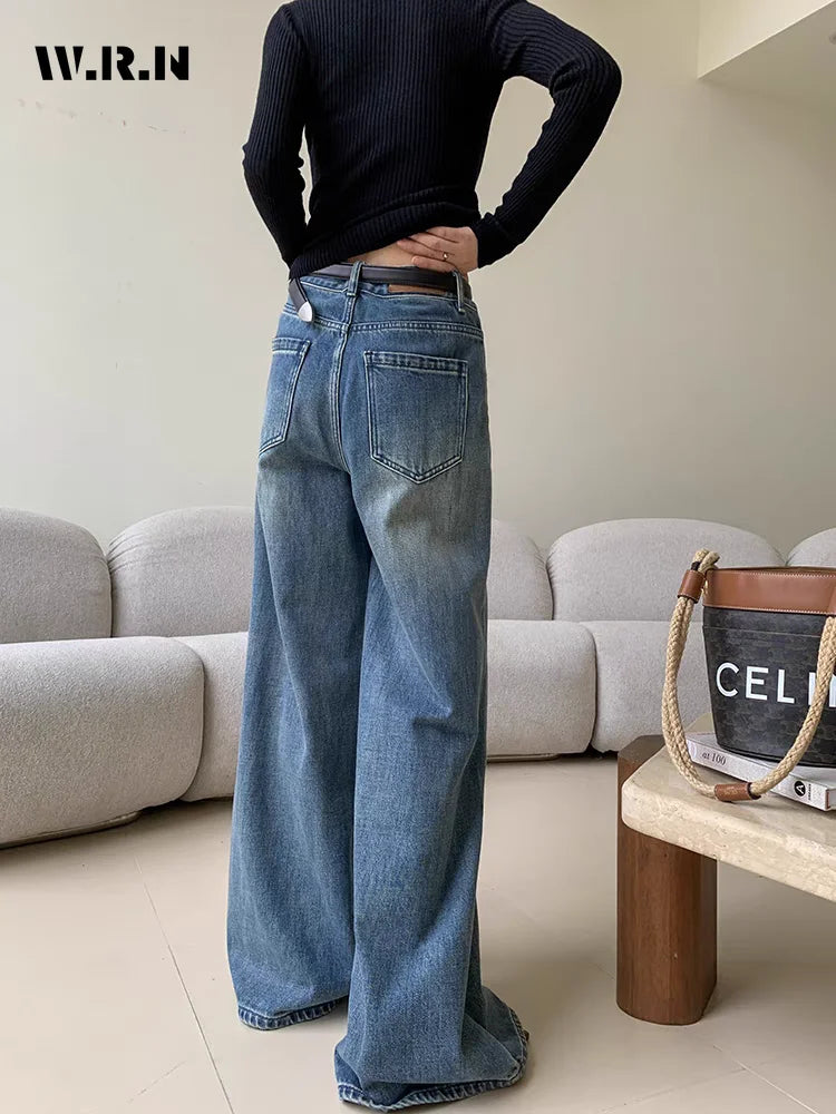 Spring Women's Casual Style Harajuku Jeans Vintage High Waist Oversized Blue Pants Y2K Wide Leg Punk Baggy Denim Trouser