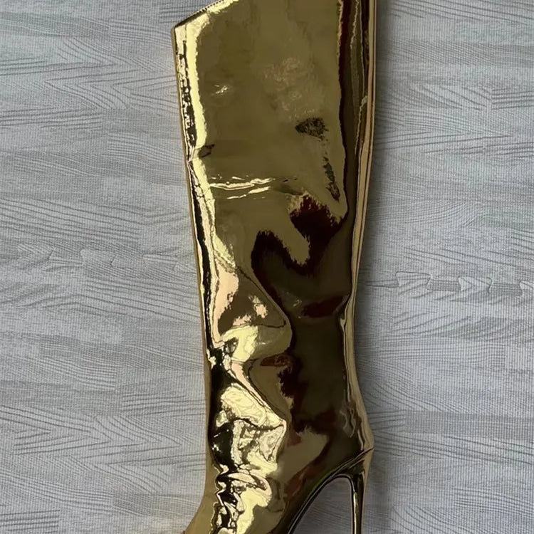 Thigh High Boots Candy Color Mirror Leather Women Knee High Boots High Heels Stilettos Runway Shoes for Women High Heel Boots 05gold12cm