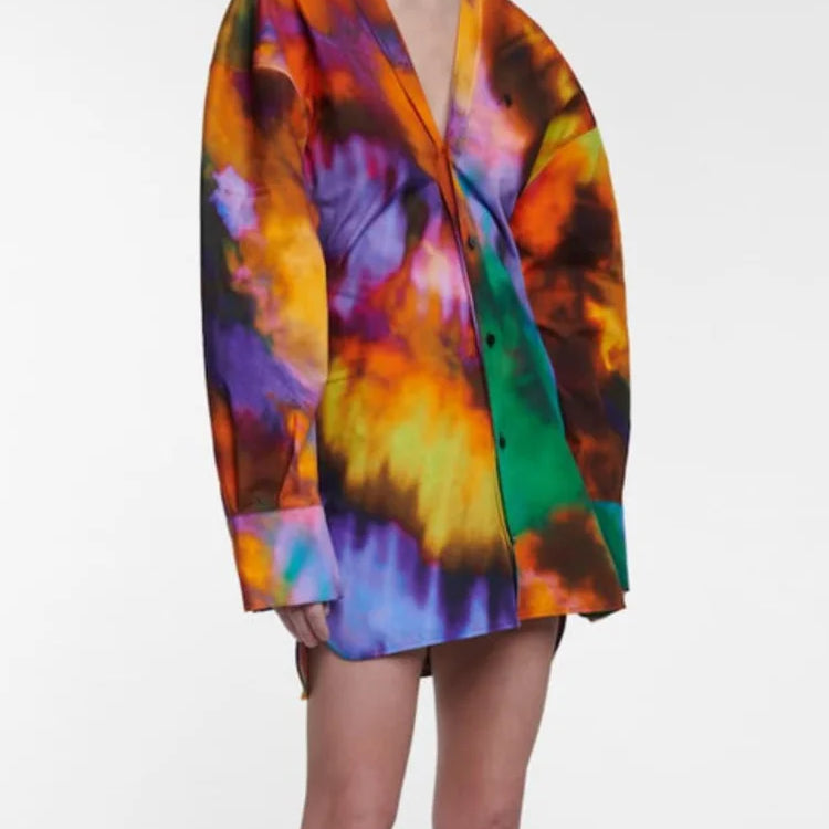 DEAT Fashion Women's Shirt Dress V-neck Loose Tie Dye Long Sleeve Single Breasted Waist Mini Dresses Spring New WR36309