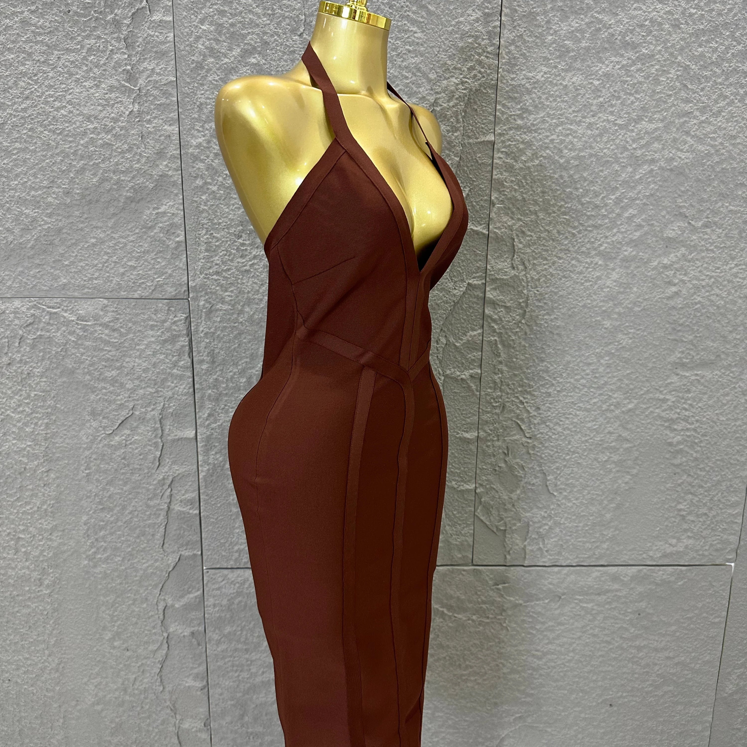 Elegant 2026 Brown Bandage Midi Dress Women Sexy Halter Neck Deep V Bodycon Evening Party Costume Cocktail Party Costume