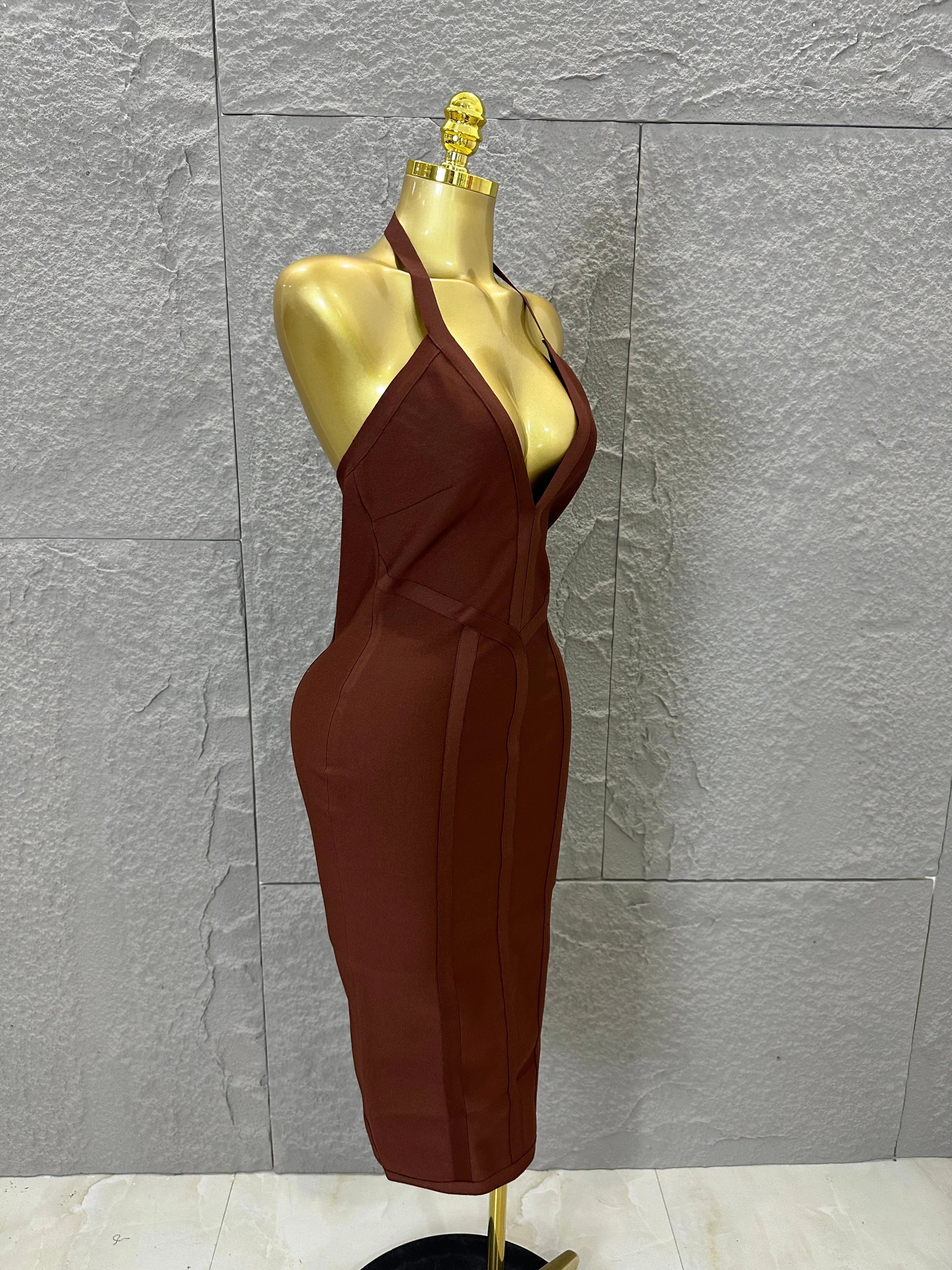 Elegant 2026 Brown Bandage Midi Dress Women Sexy Halter Neck Deep V Bodycon Evening Party Costume Cocktail Party Costume