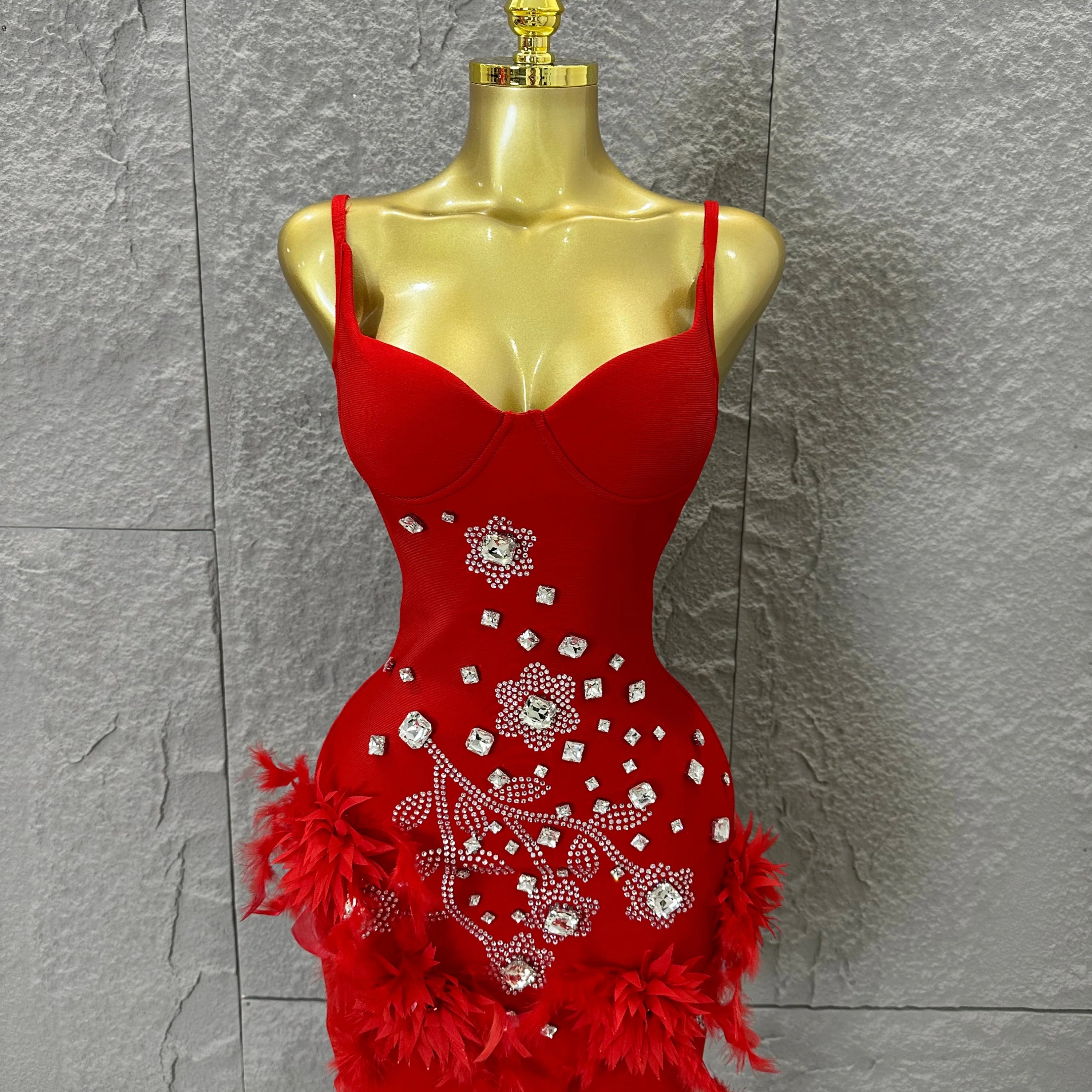 Elegant Red Spaghetti Strap Mini Dress Women Sexy Sweetheart Neck Crystal & Feather Form-Fitting Outfit Formal Event Costume