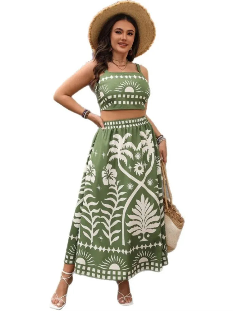 Plus Size Summer Floral 2 Two Piece Set Women Slim Ladies Cropped Sleeveless Slip Tops Ruffle Fashion High Waist Woman Skirts