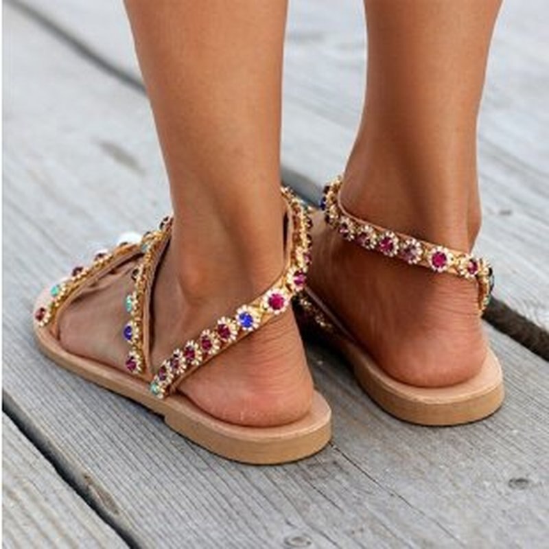 Summer Women Sandals Sweet Boho Pearl Decoration Sandals Leather Flats Plus Size Women Beach Sand Holiday Shoes Zapatos