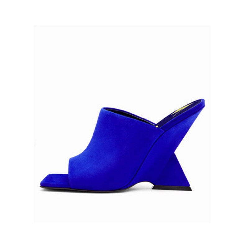 Women's New Summer High-heeled Diagonal Heeled Square Sandals, Fashionable Thick Heeled Slope Heel Large Blue