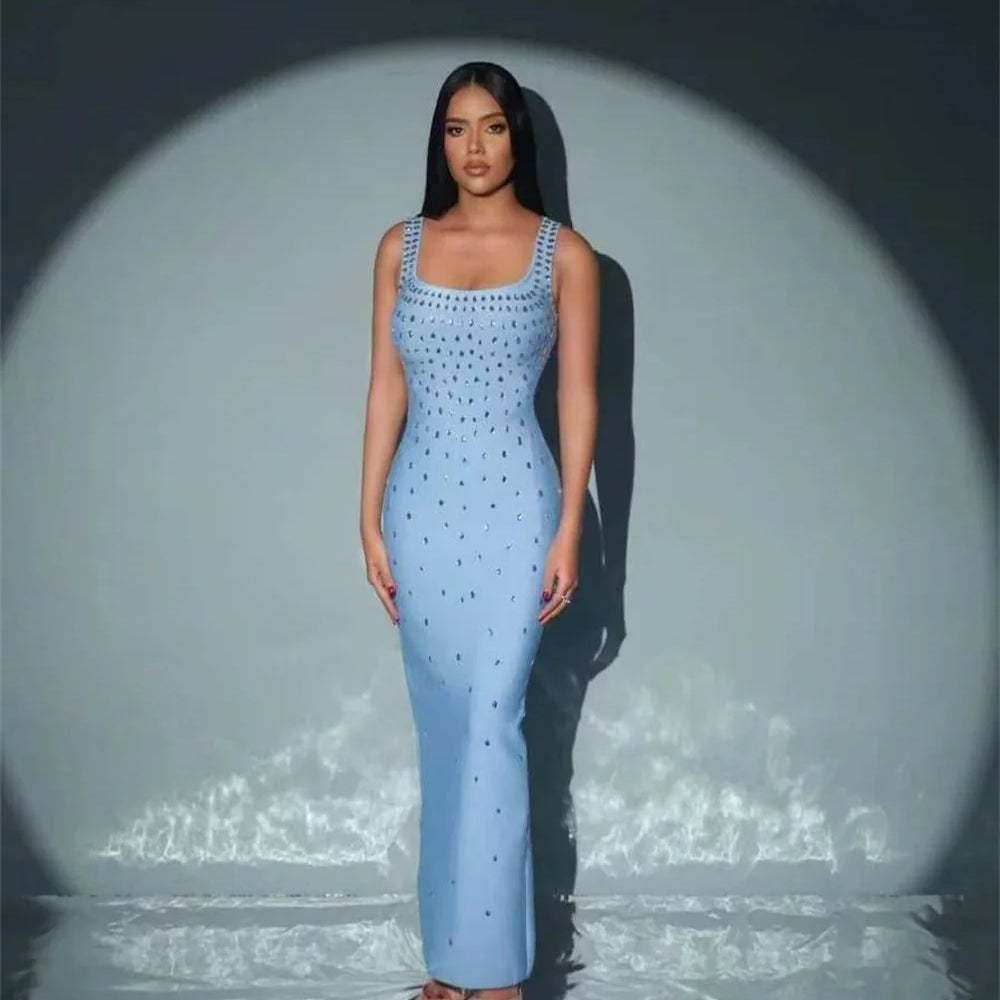 Black Skyblue Women Sleeveless Sexy O-neck Shinning Crystal Bodycon Bandage Long Dress Celebraate Nigthclub Party Outfit SKY BLUE