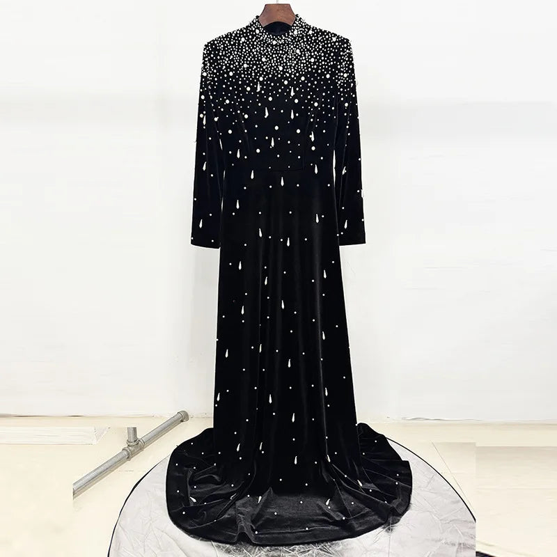 Slimming Luxurious Dresses for Women Round Neck Long Sleeves Patchwork Bead Temperament Dress Female Clothing New BLACK