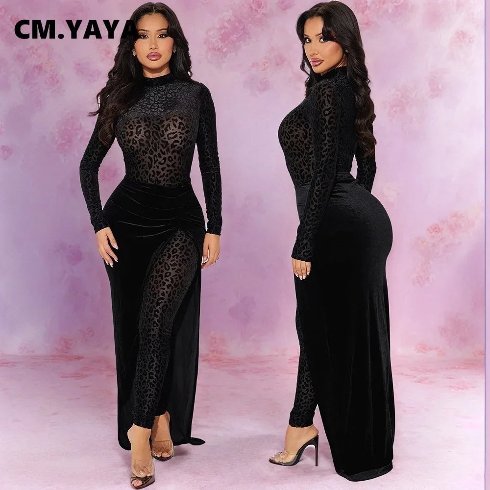 Women's Set Leopard Velvet Long Sleeve Jumpsuits +Long Skirts 2025 Spring Streetwear Sexy Party Two 2 Piece Sets Outfits