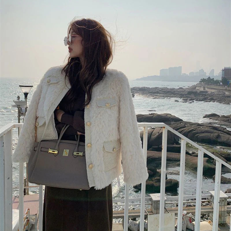 Winter Women Jacket Lamb Wool Korean Style Streetwear O-Neck Faux Fur Coat Woman Warm Thick Furry Fluffy Coat
