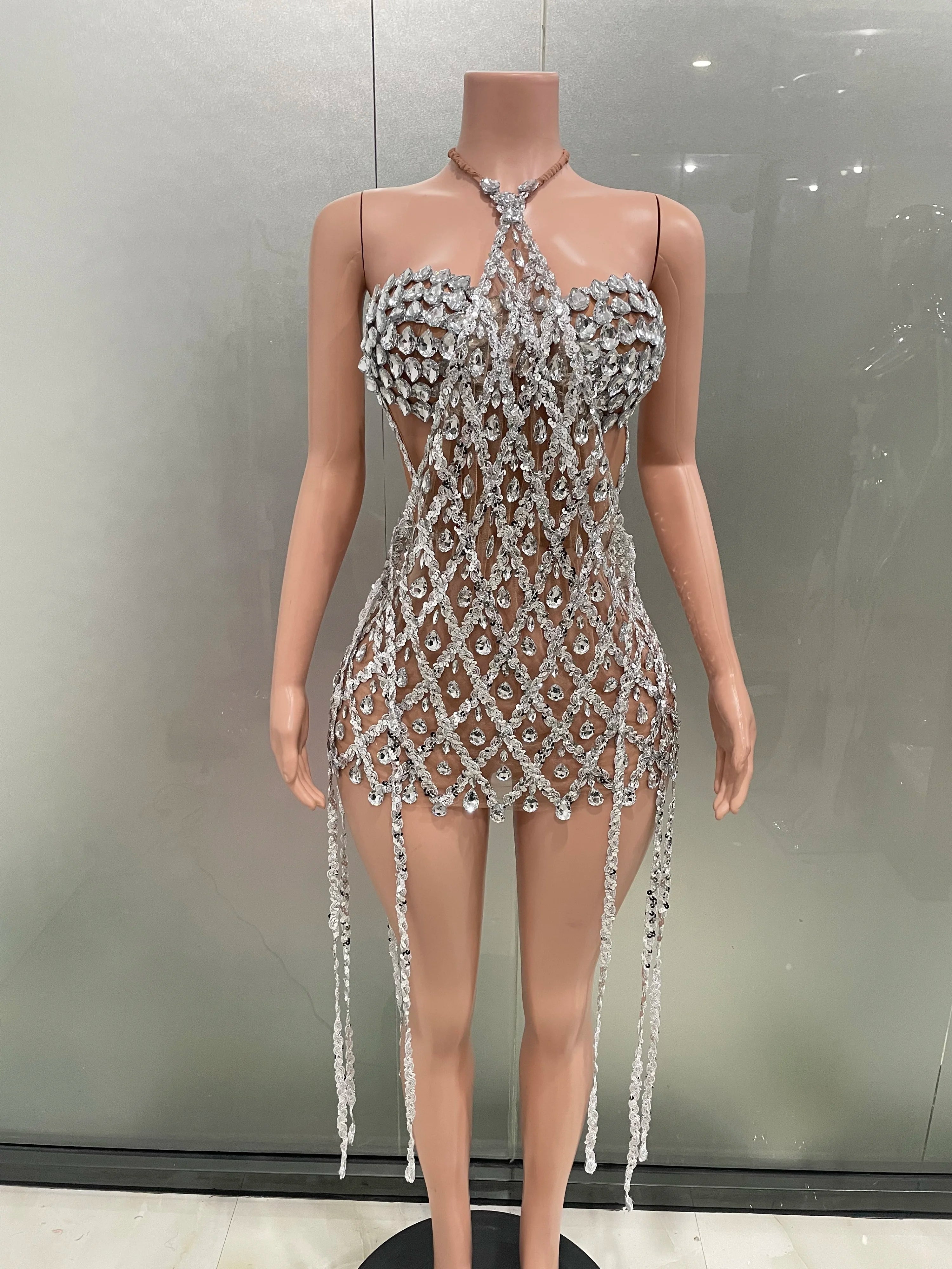 Blue Sequins Shining Diamonds Long Tassel Sleeveless Mini Dress 2 Pieces Birthday Party Outfit Performances Costume Silver