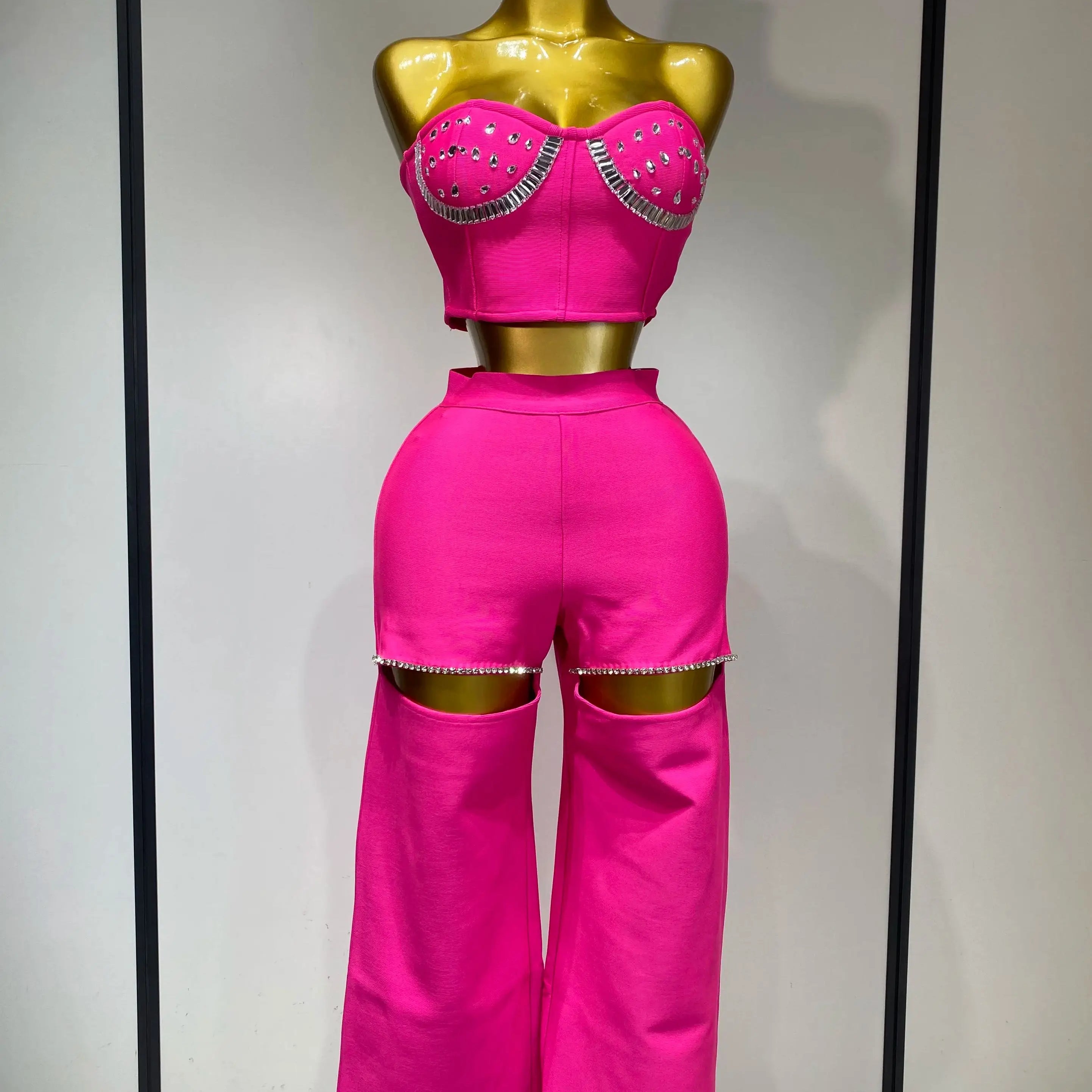 Women Sexy Strapless Top Cut Out Bodycon Two Pieces Bandage Pants Celebrity Designer Fashion Women Luxury Diamond Birthday Set Rose Red