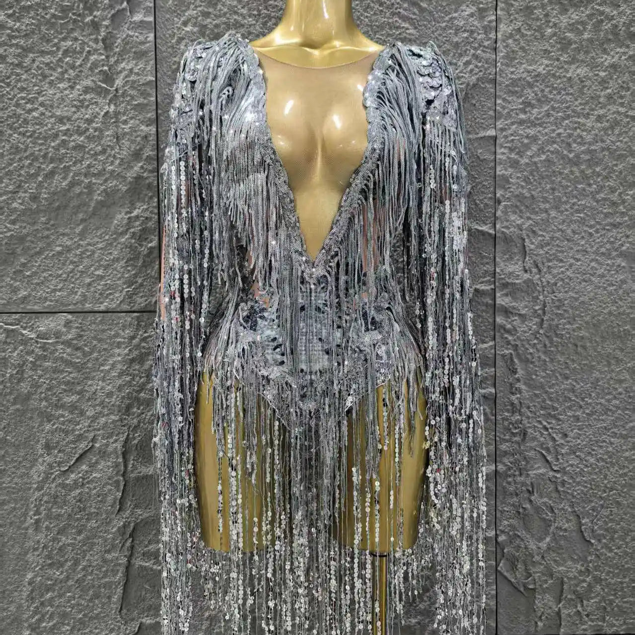 STOCK Women Long Sleeve Sexy V-Neck Bodycon Bodysuit Shinning Sequin Tassel Celebrate Bar Dancer Performance Costume Stage Wear