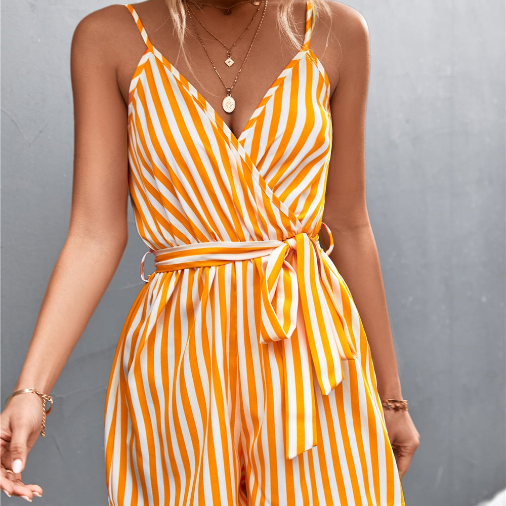 Sleeveless Summer Jumpsuit For Women Casual Stripe Woman Jumpsuit Loose V-Neck Summer Romper Shorts Beach Playsuit Female Outfit yellow