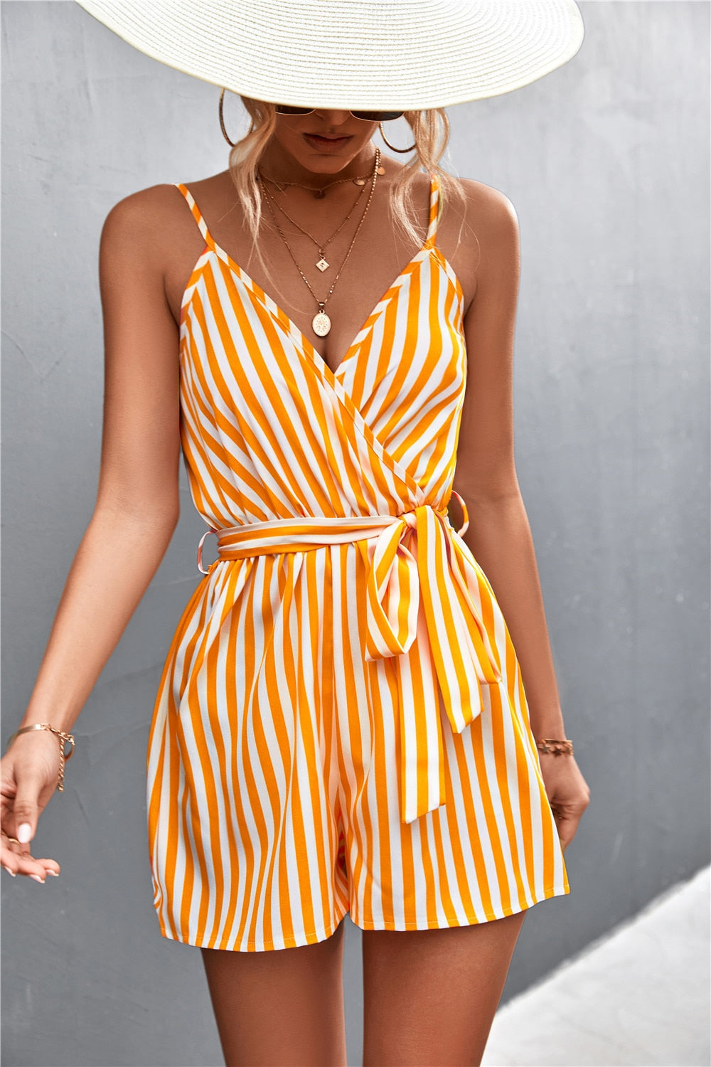 Sleeveless Summer Jumpsuit For Women Casual Stripe Woman Jumpsuit Loose V-Neck Summer Romper Shorts Beach Playsuit Female Outfit yellow