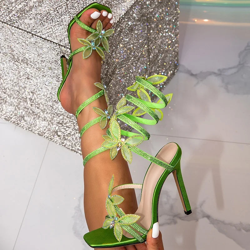Eilyken Fashion Sexy Peep Toe Crystal Butterfly-knot Ankle Strap Sandals Woman Stiletto High Heels Banquet Party Pumps Shoes Green