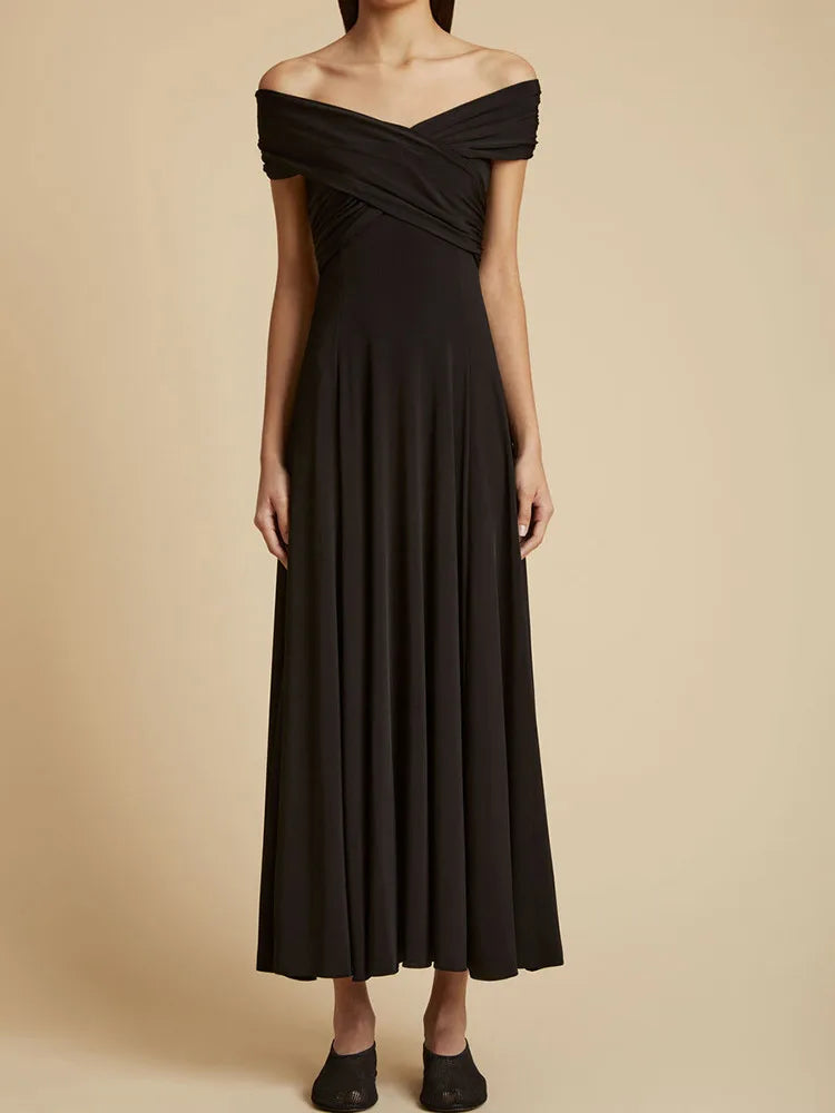 Solid Minimalist A Line Dresses For Women Slash Neck High Waist Patchwork Folds Slimming Dress Female Fashion New