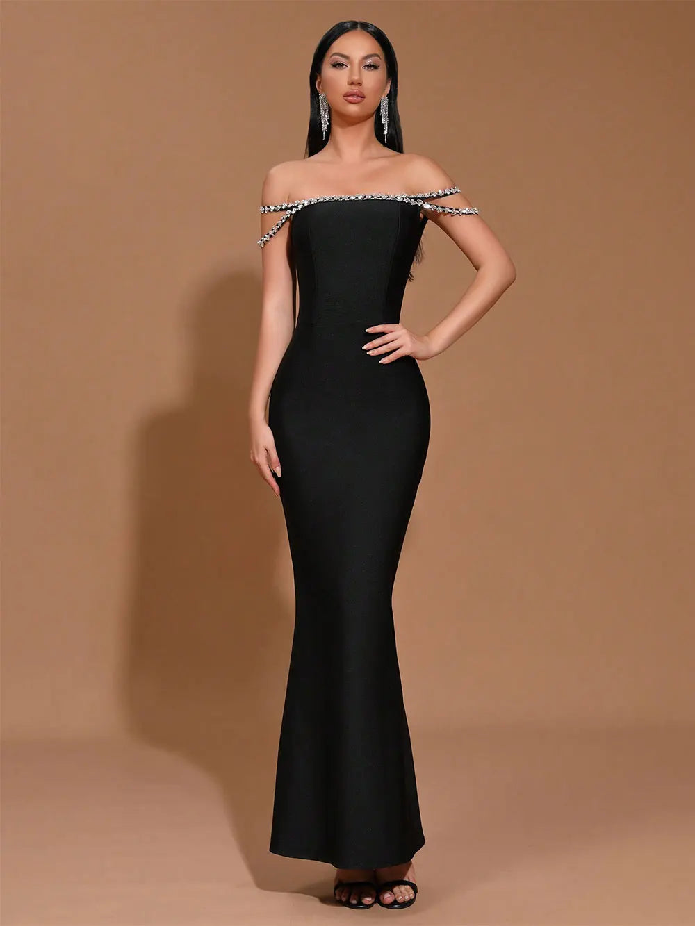 2025 Elegant Women's Spaghetti Strap Nail Diamond Design Bandage Dress Bodycon Backless Long Dress Fashion Dinner Party Vestidos black