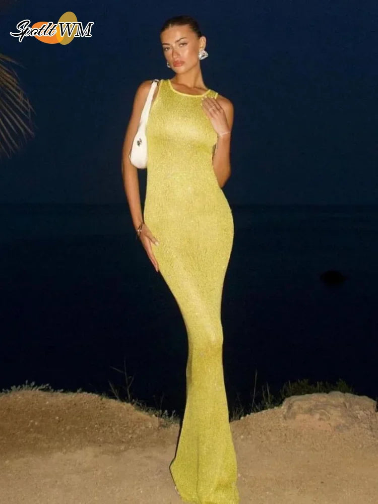 Women Sexy Yellow Glitter Splicing Square Neck Long Dress Casual Slim Sleeveless Sling Maxi Dresses Female Summer Holiday Robes