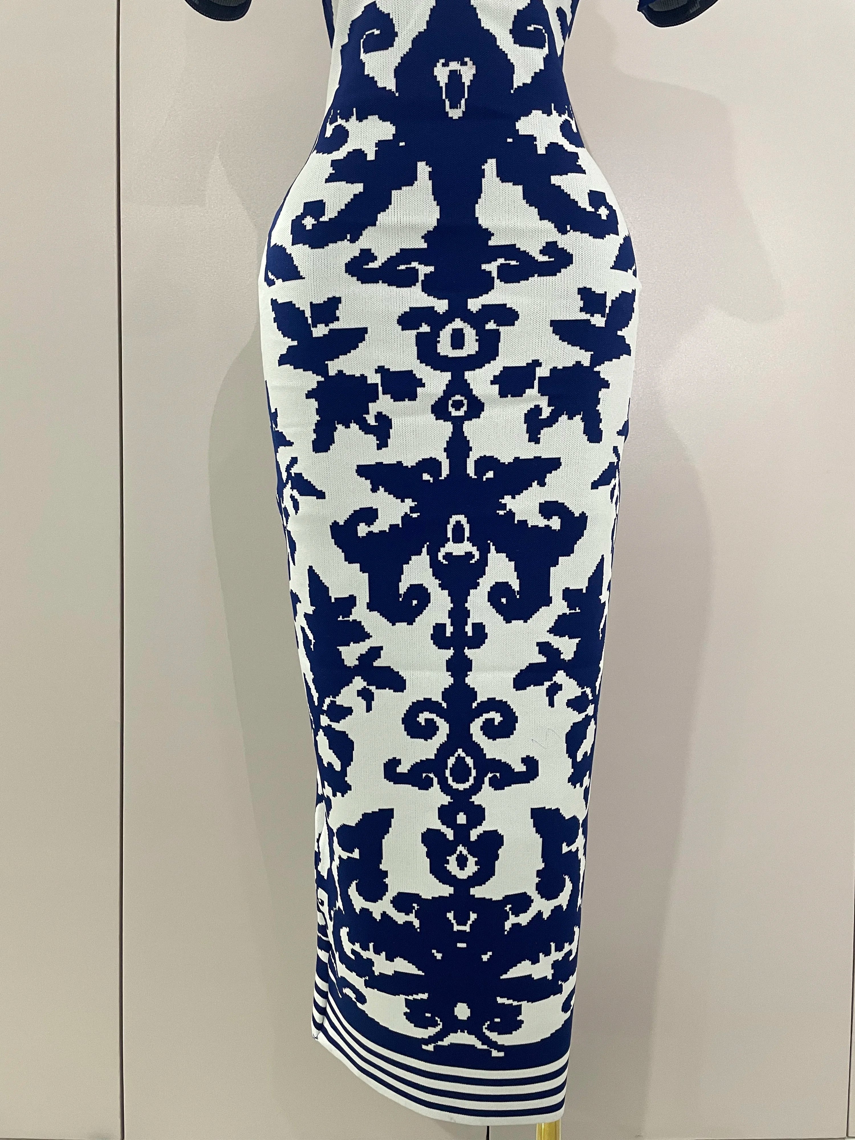 2025 New Sexy Short Sleeve Jacquard Blue Bandage Bodycon Long Dress Women Celebrity Elegant Evening Club Party Luxury Dresses