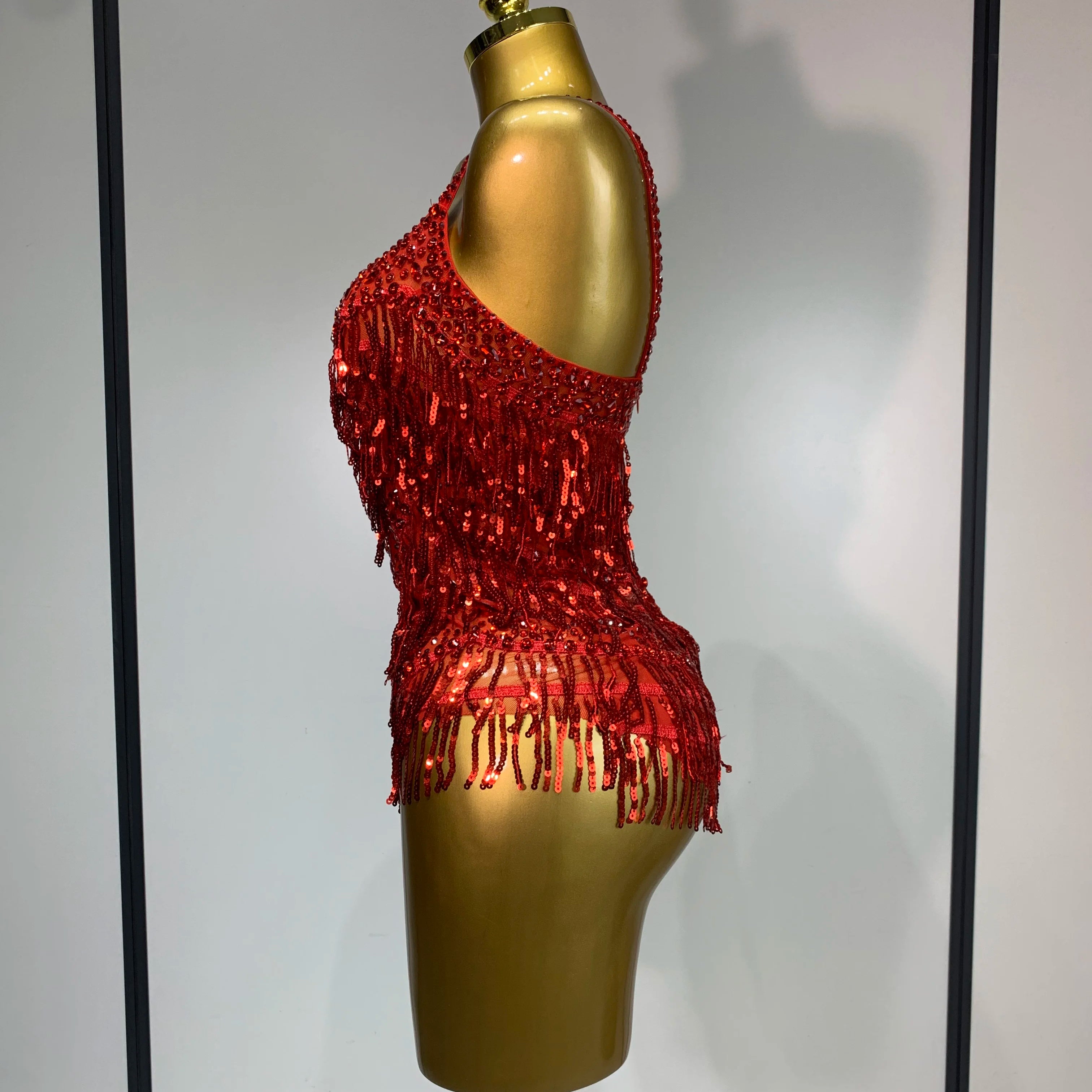 Sparkly Rhinestone Tassel Sexy Backless Mesh Bodysuit Women Luxury Birthday Party Nightclub Bar Dencer Stage performance Costume