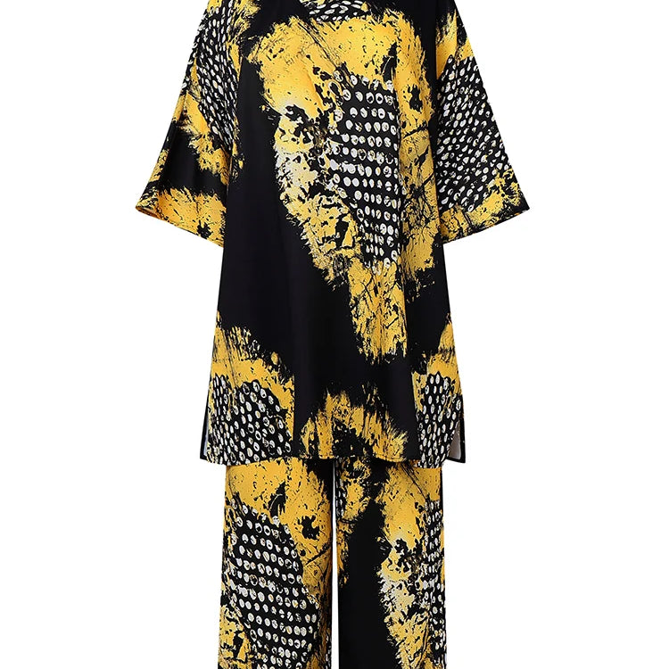 Plus Size 5XL VONDA Women Vintage Pant Sets Print Long Top and Wide Leg Pants Casual Loose 2pcs Two-piece Summer Bohemian Outfit Yellow