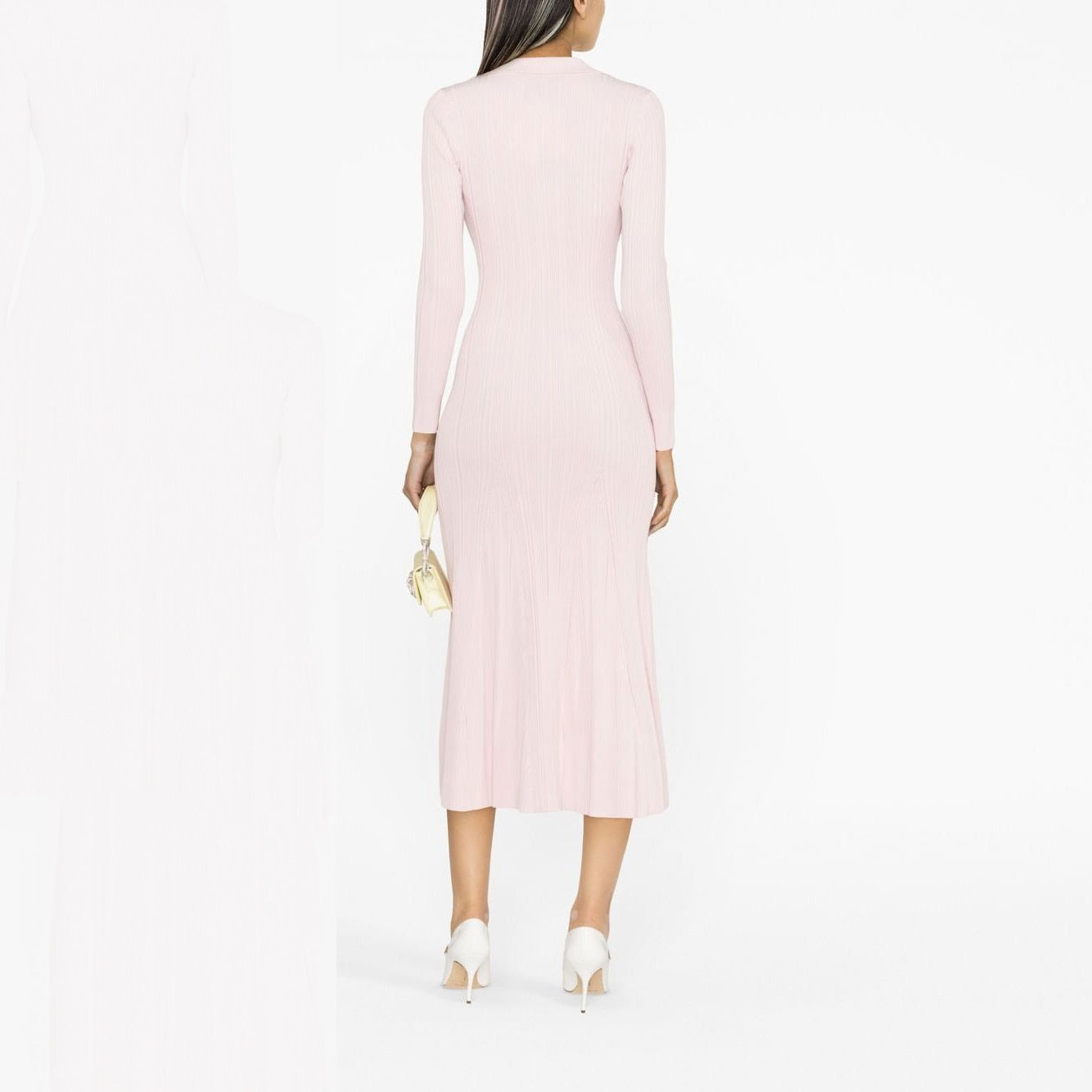 Women's pink knitted medium-length dress senior sense of fashion temperament polo collar waist-skimming long dress 2024 new