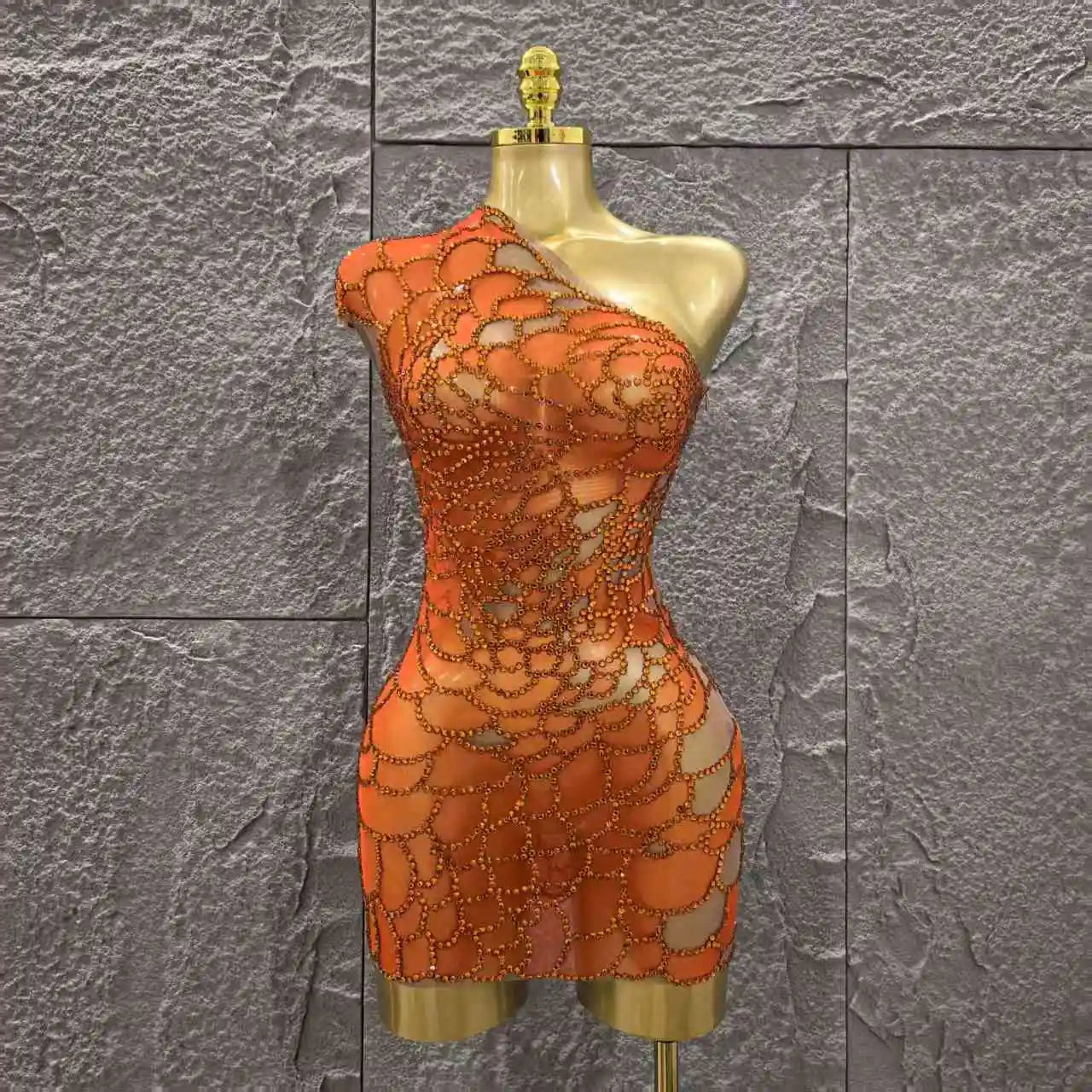 Orange Color Shinning Rhinestones Women Sexy One Shoulder Mesh Bodycon Mini Dress Celebrate Nightclub Party Bar Singer Wear Orange