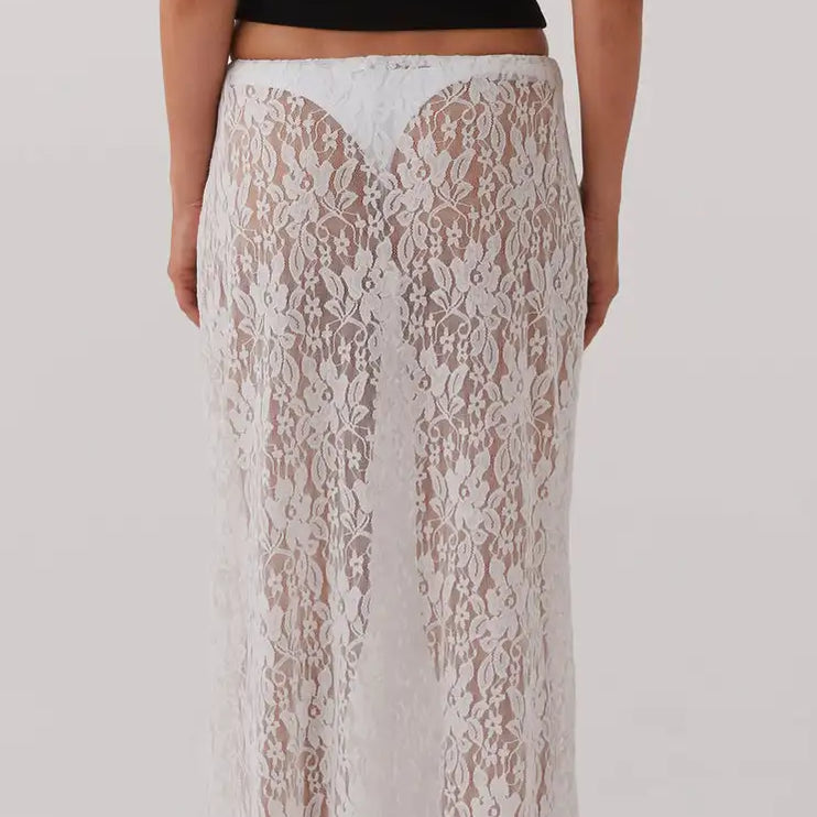 Lace Skirt Women White See Through Floral Lace Low Waist Midi Skirts y2k Aesthetic Fairycore Beach Skirt Clubwear