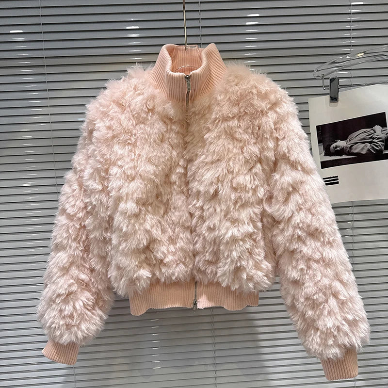 Winter New Sweet Fashion Fur Patchwork Knitted Quilted Short Coat For Women Solid Color Soft Jacket Female 11A07455 Pink One Size