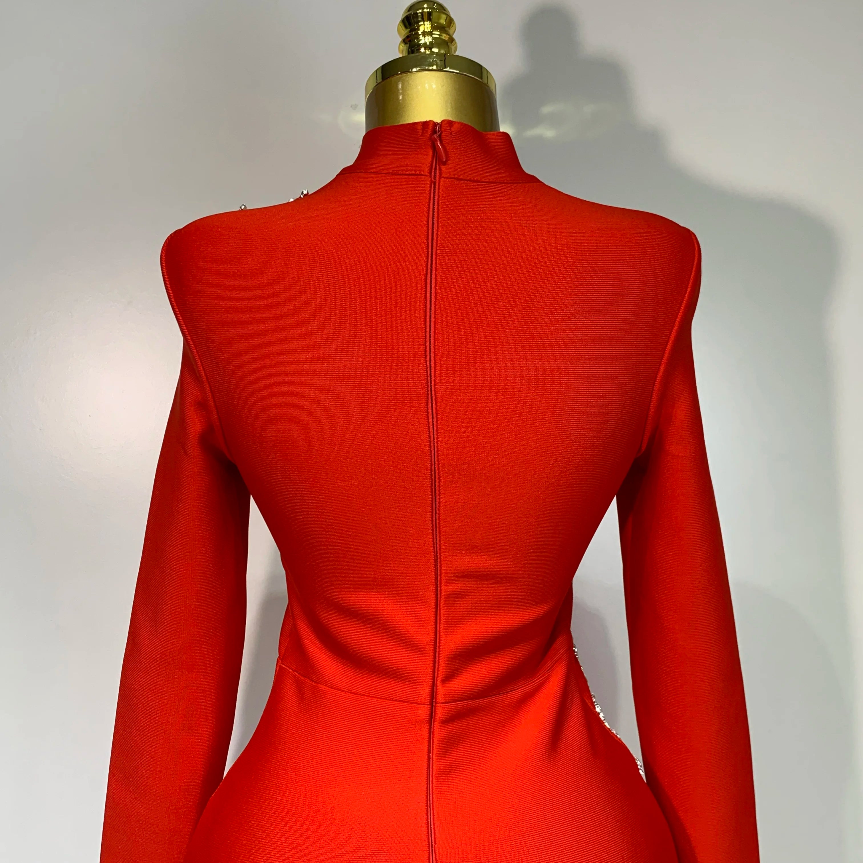Sparkly Rhinestone Long Sleeve Red Bodycon Bandage Dress Women Wedding Evening Club Party Prom Gowns Luxury Birthday Dresses