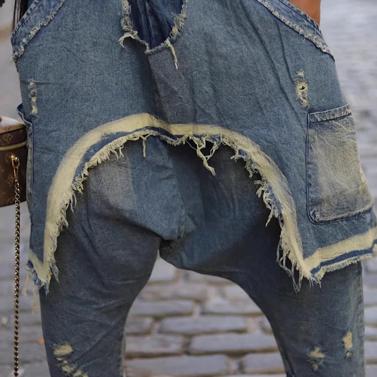 Women Streetwear Ripped Out Hole Denim Pants 2025 Fall Autumn Loose Safari Style Cargo Harem Hip Hop Jeans