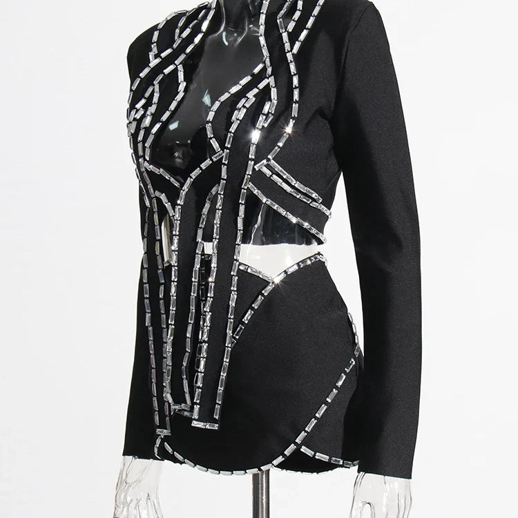 Hollow Out Two Piece Sets For Women V Neck Long Sleeve Tops High Waist A Line Skirt Summer Set Female Fashion New