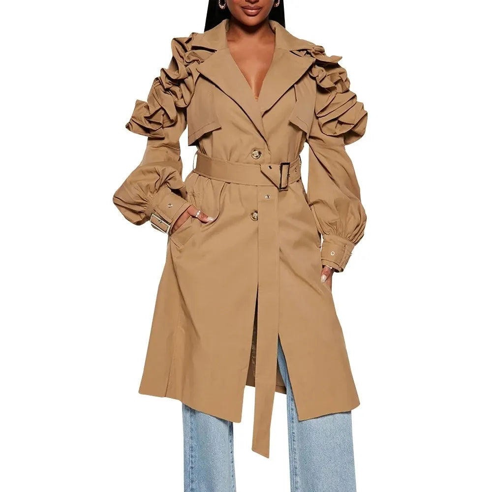 Casual Spliced Ruffles Trenches For Women Lapel Long Sleeve Patchwork Belt Vintage High Street Trench Female Style Khaki