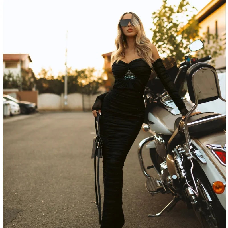 2025 Autumn Off the Shoulder Mesh Woman Set Long Sleeve Short Top And Steath Ankle Lenght Skirt 2 Pieces Evening Party Vestido