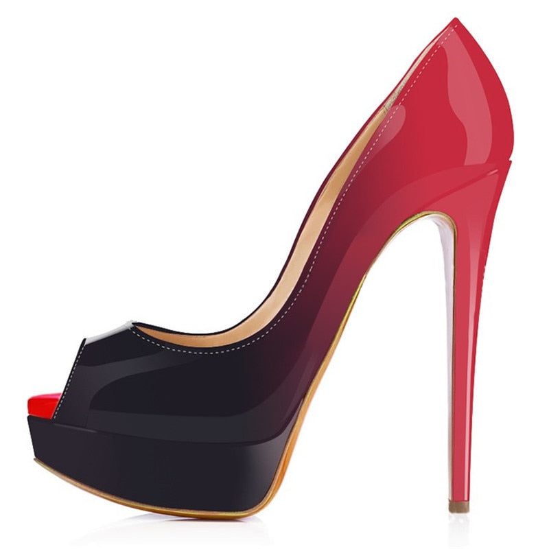 Women Pumps Sexy Platform Peep Toe 14cm Extremely High Heels Woman Patent Leather Nighclub Red Wedding Shoes Gradient Stiletto Red DB
