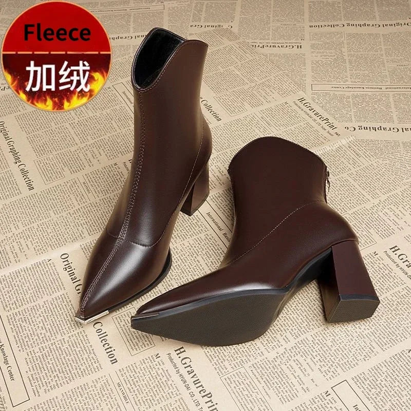 Winter High Heels Sexy Women Luxury Shoes Chunky Ankle Chelsea Boots Fashion New Pointed Toe Zipper Goth Pumps Black Brown Dark brown Fleece