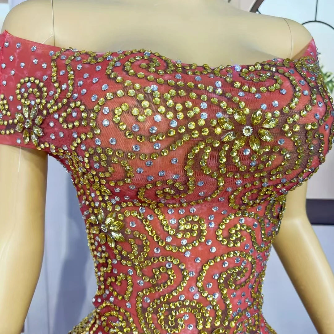 Sparkly Golden Rhinestone Strapless Sexy Mini Dress for Women Birthday Celebrate Party Ball Dress Luxury Dinners Wear Juhuami