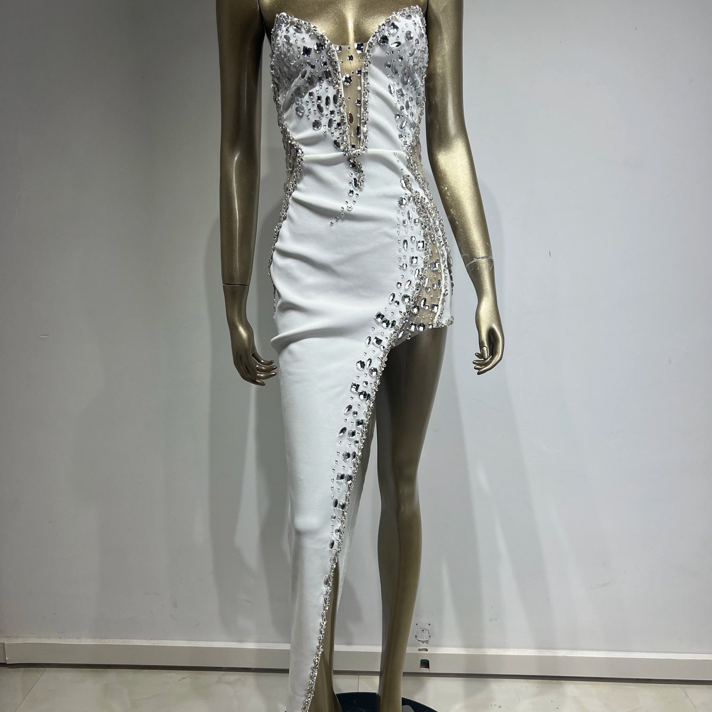 White Pink Blue Color Women Sexy Strapless Shinning Crystal Bodycon Bandage Maxi Dress Celebrate Evening Party Outfit Vestido WHITE