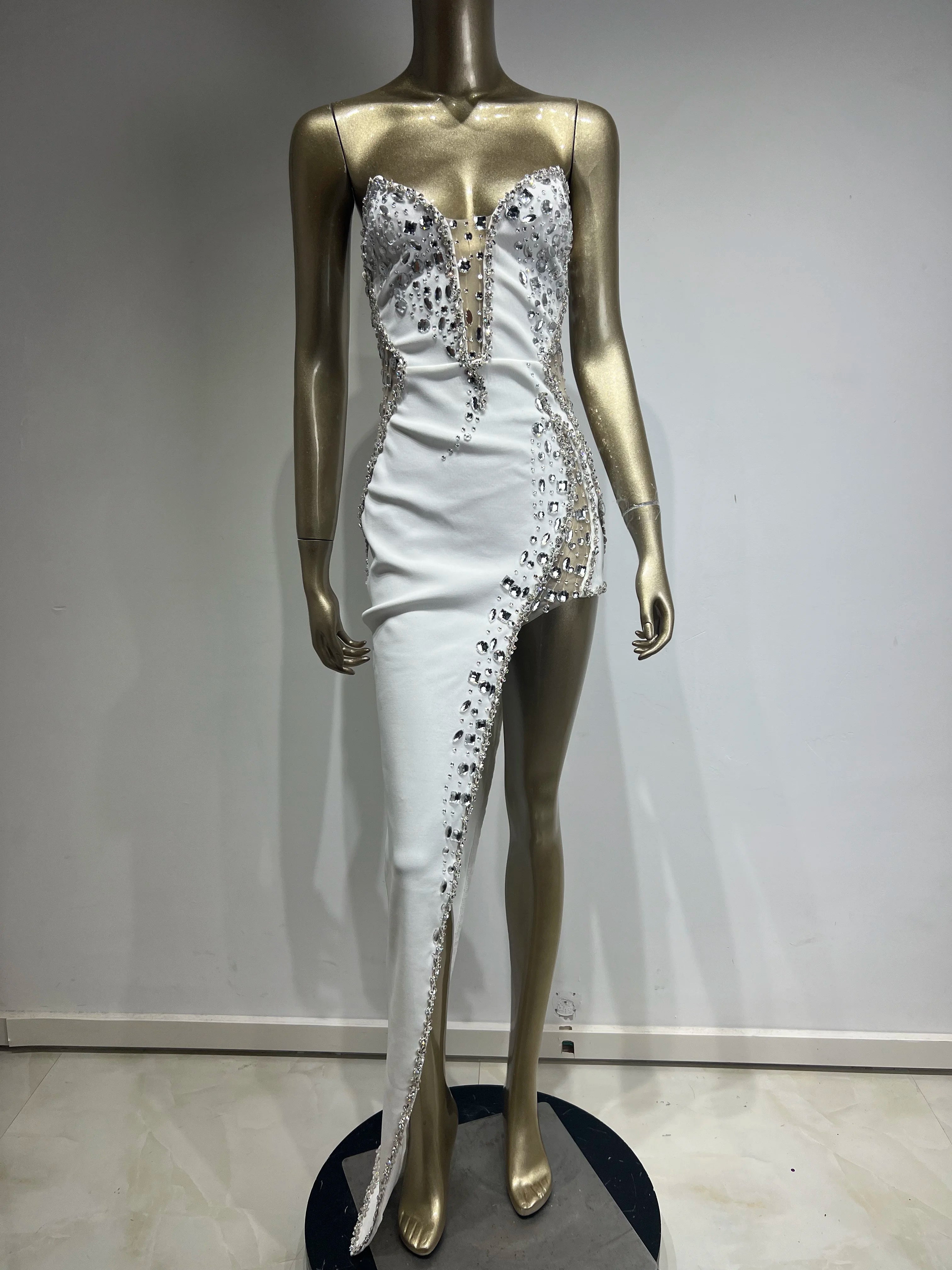 White Pink Blue Color Women Sexy Strapless Shinning Crystal Bodycon Bandage Maxi Dress Celebrate Evening Party Outfit Vestido WHITE