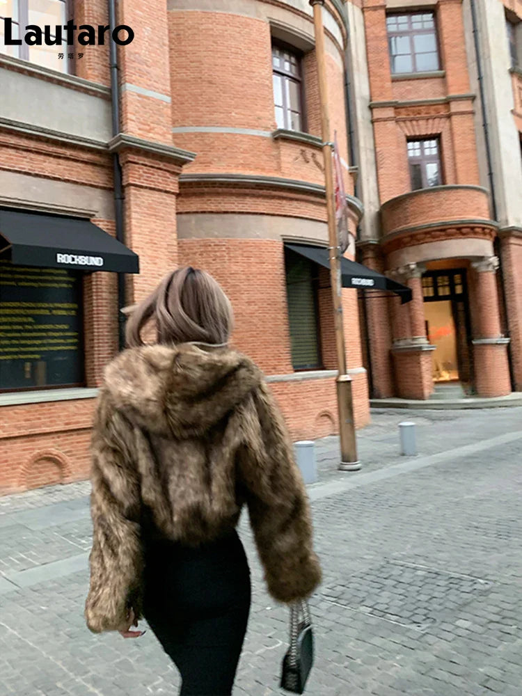 Autumn Winter Chic Luxury Short Soft Thick Warm Hairy Shaggy Faux Fur Coat Women with Hood Zipper Fluffy Jacket 2024