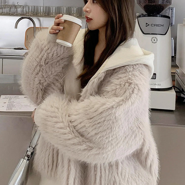 Autumn Winter Loose Casual Hairy Shaggy Soft Warm Faux Fur Coat Women with Hood Long Sleeve Zipper Korean Fashion 2022 Beige