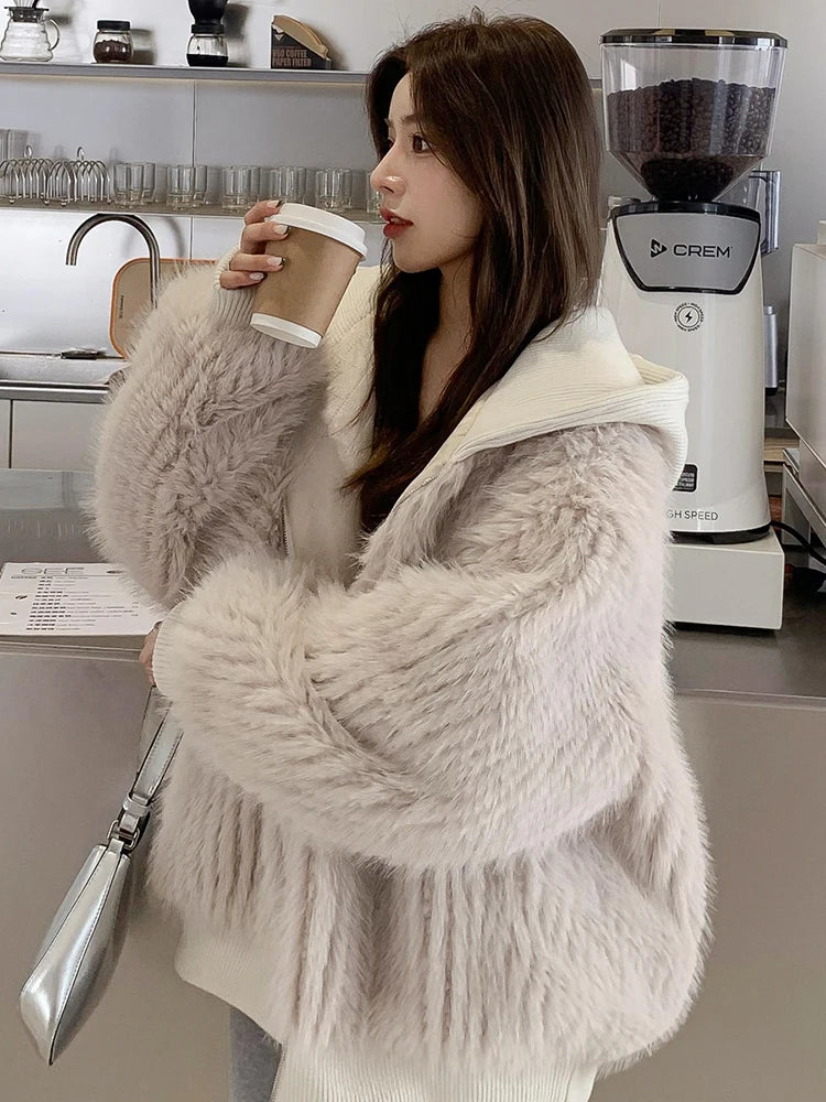 Autumn Winter Loose Casual Hairy Shaggy Soft Warm Faux Fur Coat Women with Hood Long Sleeve Zipper Korean Fashion 2022 Beige