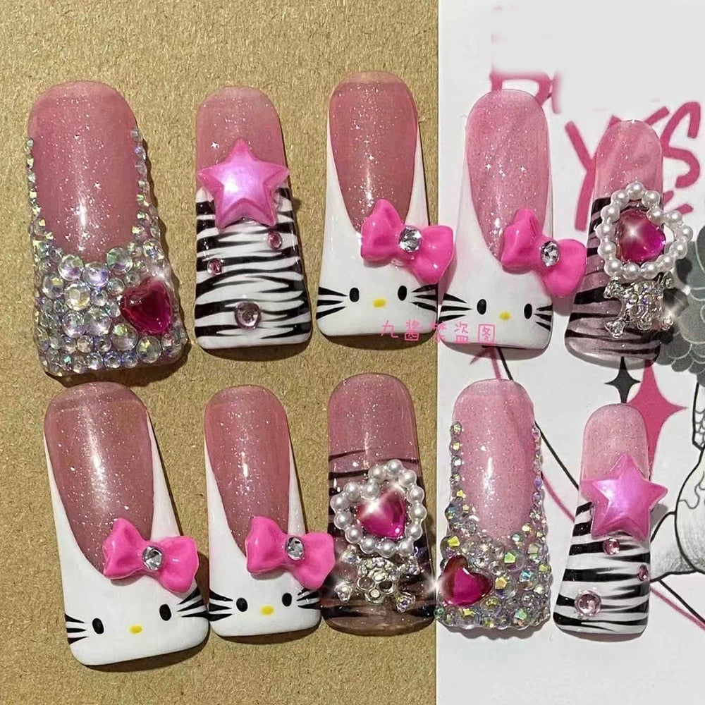 Fashion Hello Kitty Long Coffin Stiletto Nails Europe America French  High-End Customizable Hot Girl Nails Handmade Woman Gift