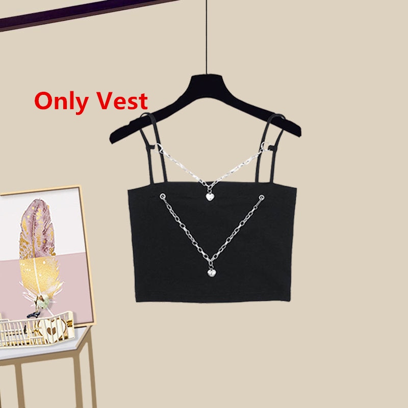 Women Spring Summer Fashion Suit Letter White Shirts Chain Vest Denim Wide Leg Pants 3 Piece Set Lady Casual Streetwear Outfits Only Vest