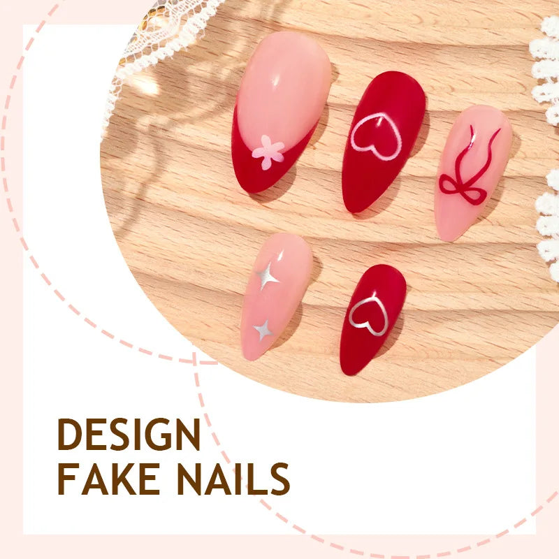 Red Almond Fake Nails 24Pcs Valentine's Day Press On Nails Love Heart/Bowknot/Star Printed Wearable False Nails for Women