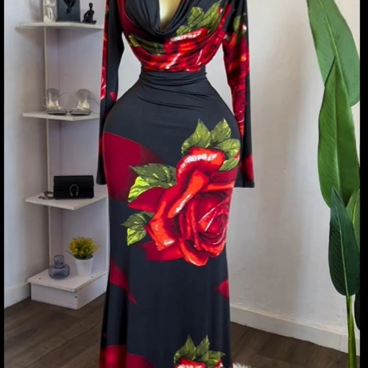 Women Rose Printed Long Sleeve Pile Neck Bodycon Midi Maxi Long Dress 2025 Summer Birthday Vacation Sexy Party Dresses