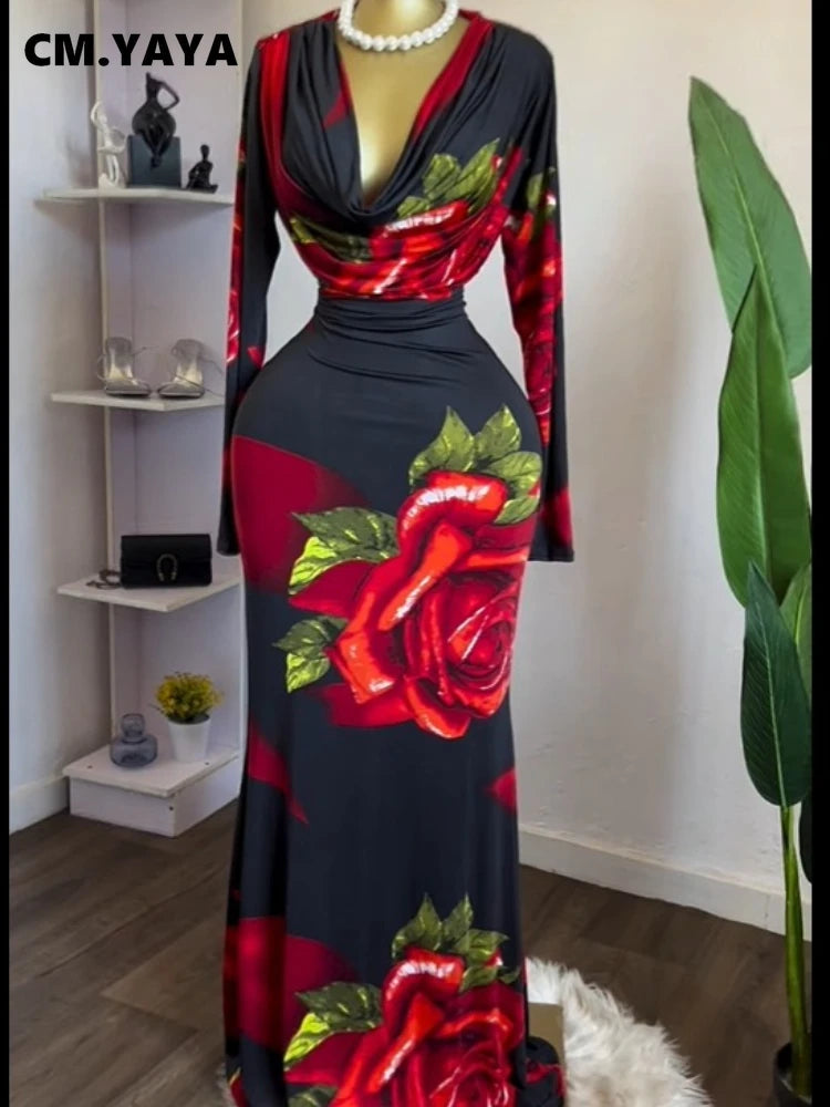 Women Rose Printed Long Sleeve Pile Neck Bodycon Midi Maxi Long Dress 2025 Summer Birthday Vacation Sexy Party Dresses