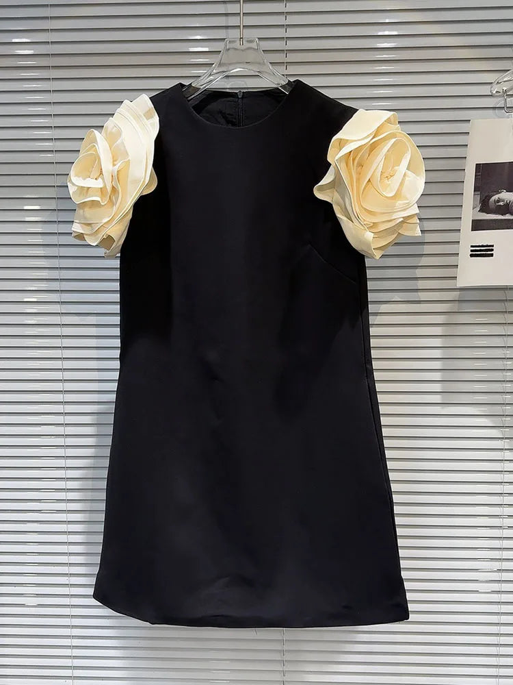 DEAT Fashion New Items Women's Spliced 3D Flower Sleeveless Dress Spring Trendy Round Neck Zipper Dresses Female 11XX8946