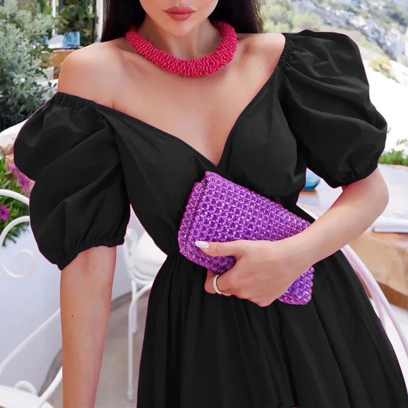 Elegant Women's New Maxi Dress Casual Short Sleeves V Neck Fashion Solid Color Simple Female Dress Summer Party Bohemia Dresses