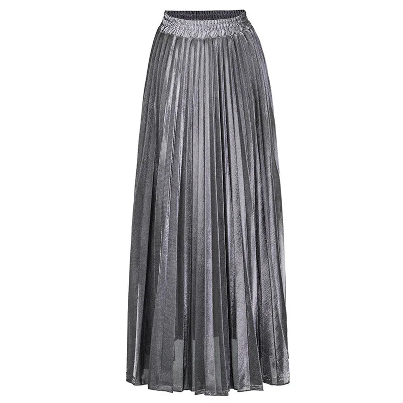 Women Shiny Luster Long Pleated Skirt Beach Party High Waist A-line Umbrella Long Skirt for Autumn Silvery